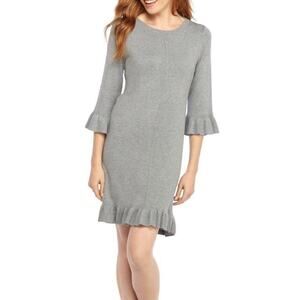 The Limited Gray Sweater Knit Dress Ruffle Hem Bell Sleeve Shift Size L EUC